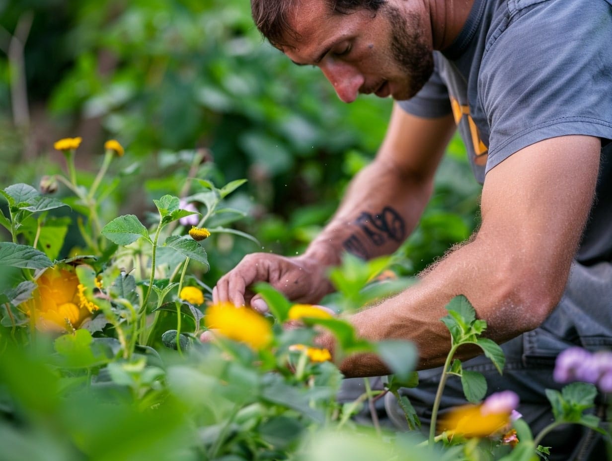 a person doing hand pollination in a garden