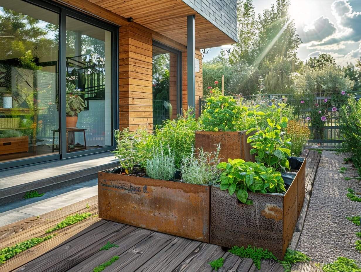 Herb gardens in different containers