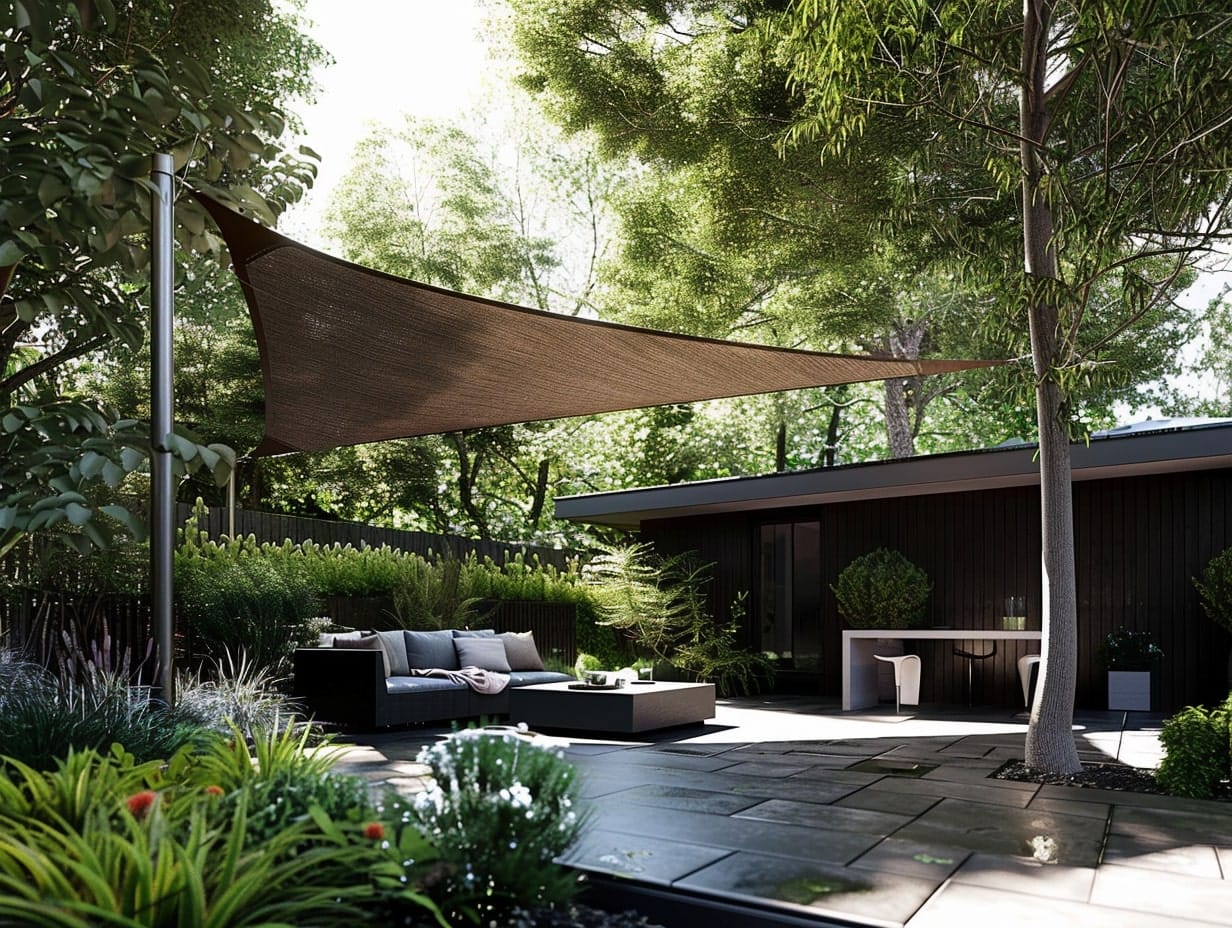 A homemade shade sail covering a backyard seating area