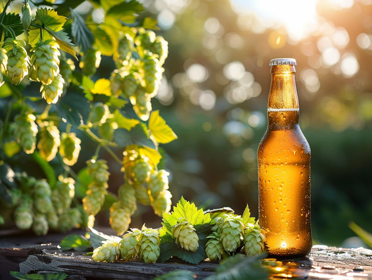 Hops plants and a bottle of beer