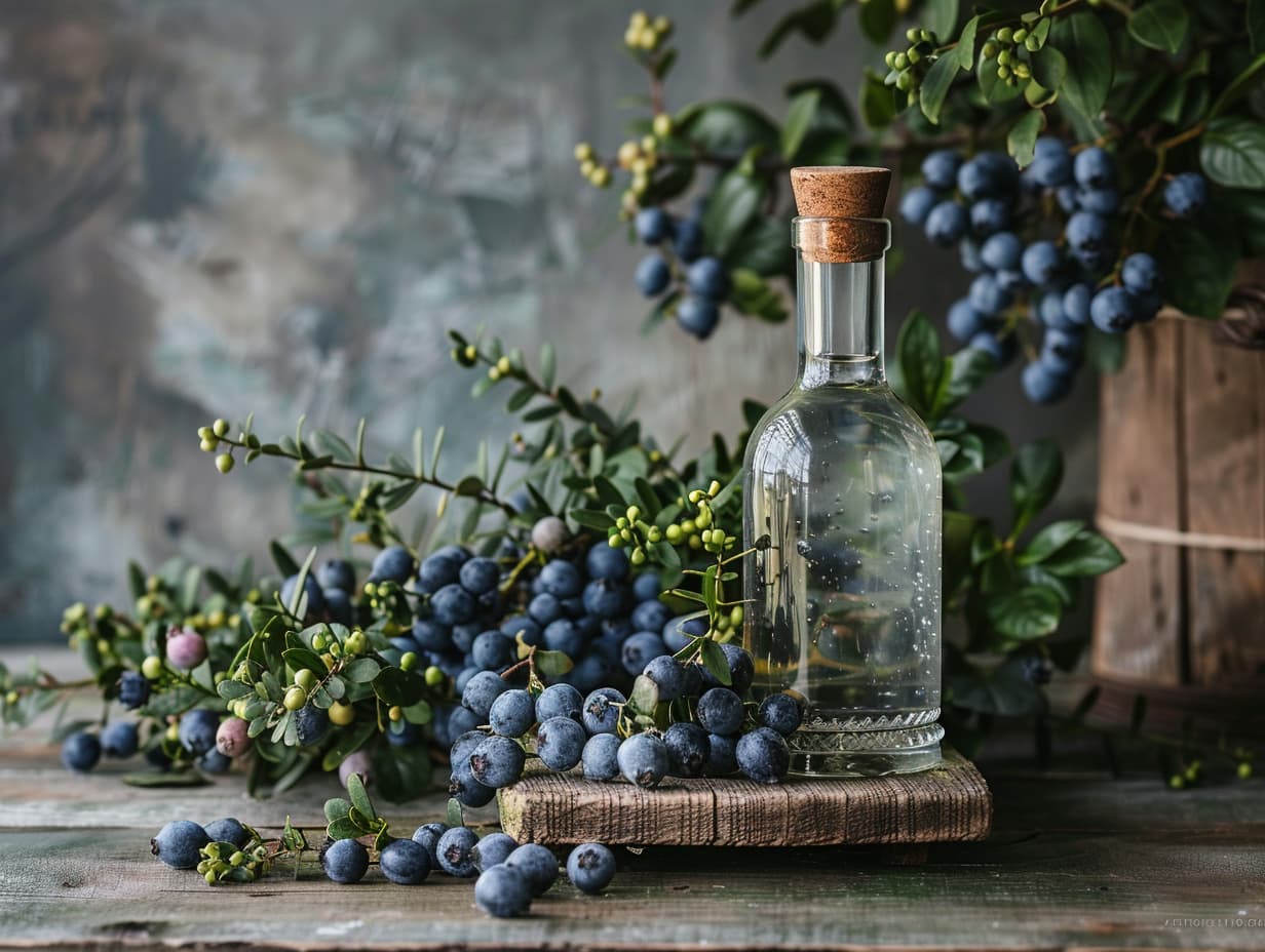 Juniper berries and a bottle of white gin on a wooden table