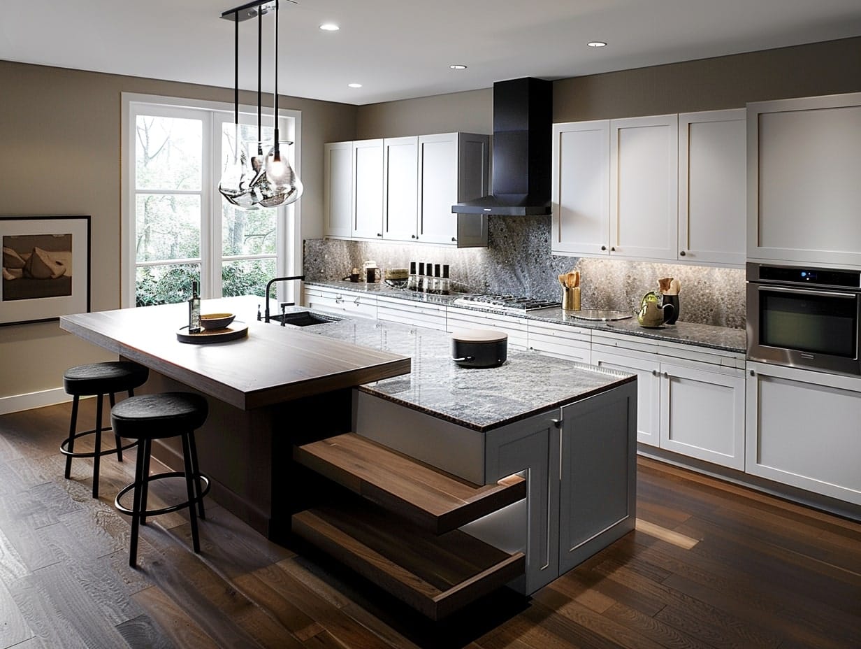 A multi-tiered island in a kitchen