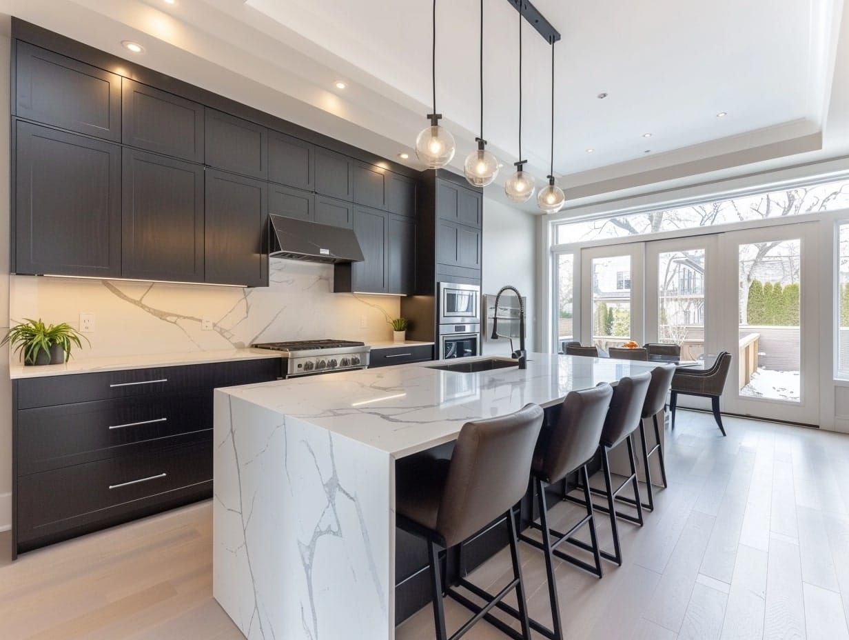 A kitchen with a white island, brown chairs and retractable doors/panels
