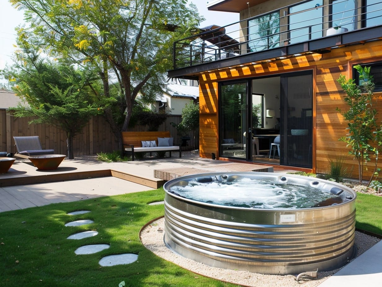 A large stock tank used as a low-cost hot tub