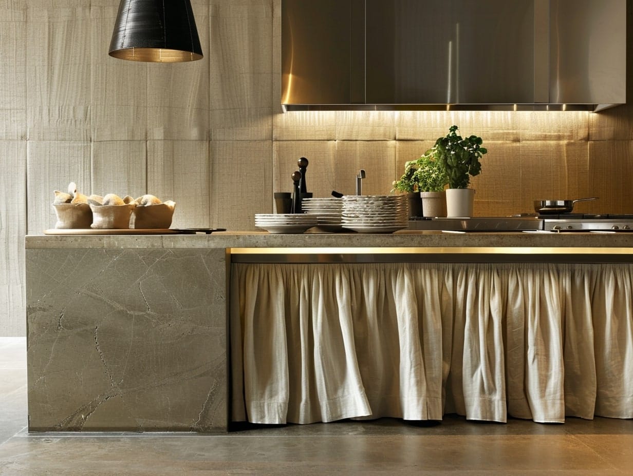 Lower cabinets of a kitchen covered with fabric skirts