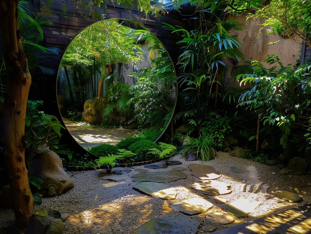 A large circular mirror placed in a backyard for reflection