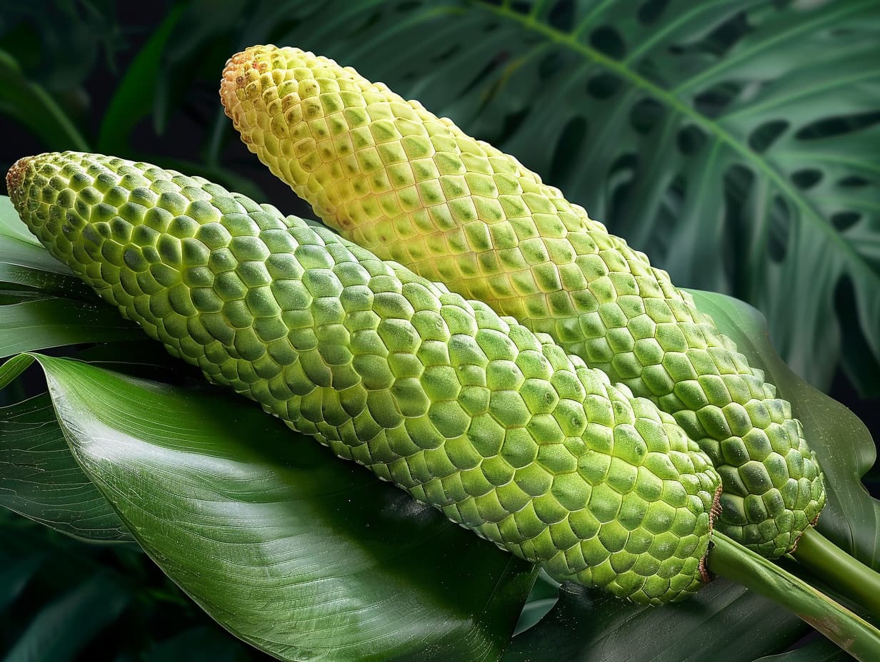 Monstera deliciosa fruits on a big leaf