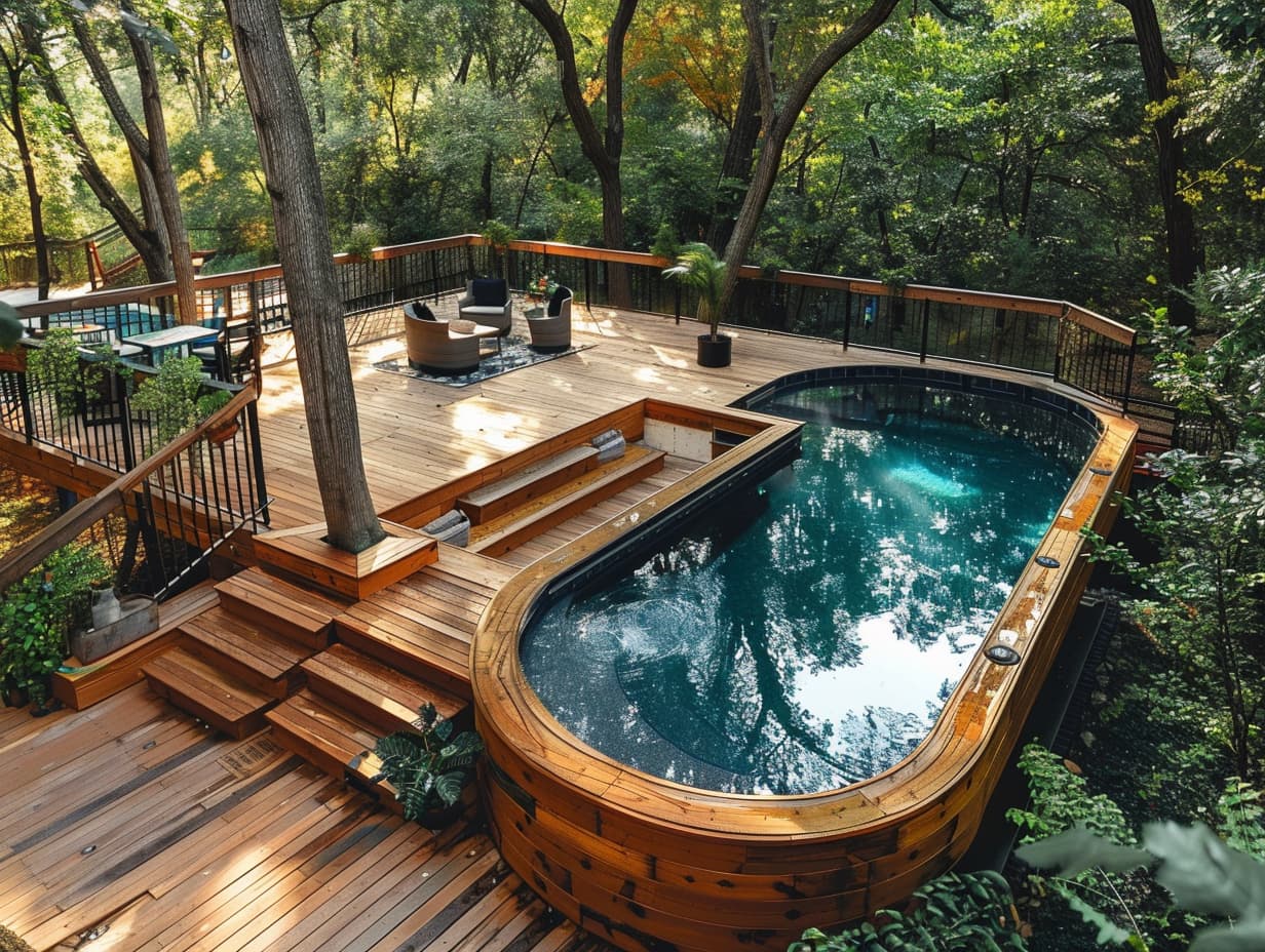 Multiple deck levels around an outdoor pool