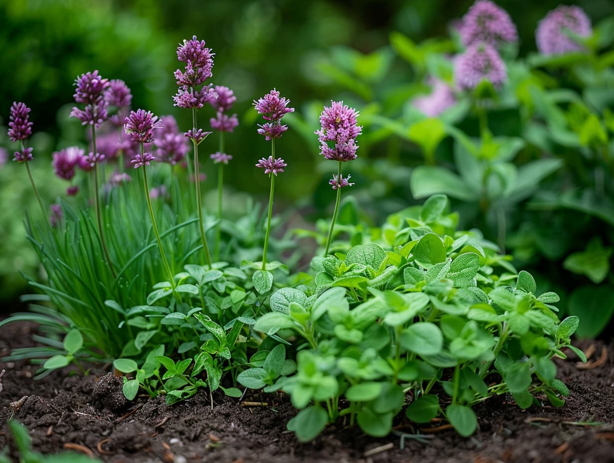 Oregano plants and chive plants in a garden