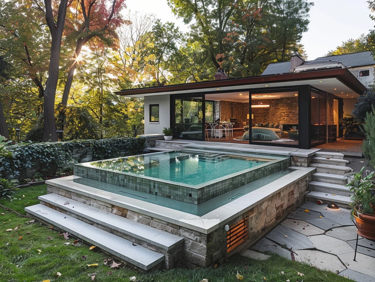 A small backyard pool with a raised platform and steps