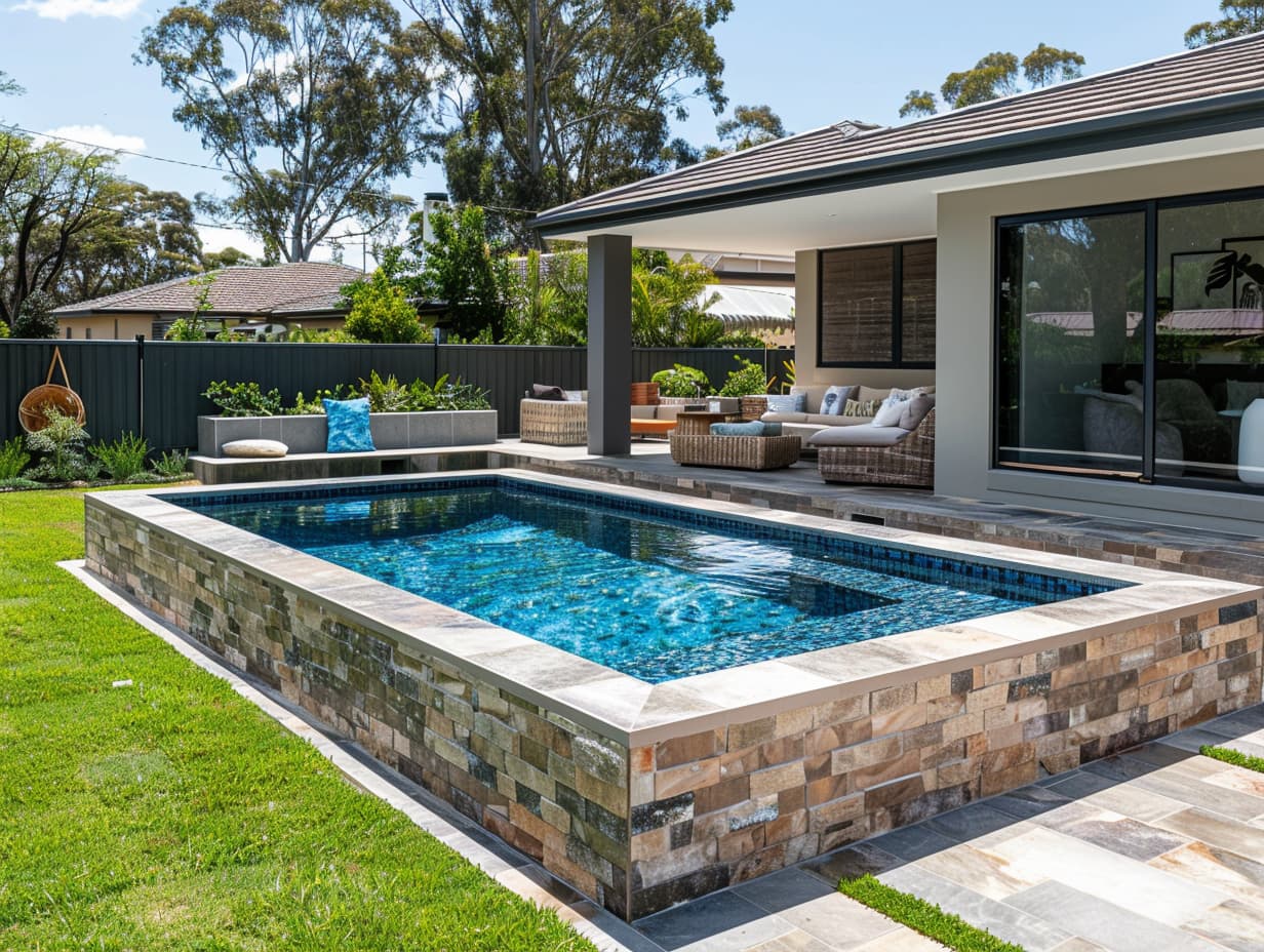 A backyard pool with a marble rectangular frame