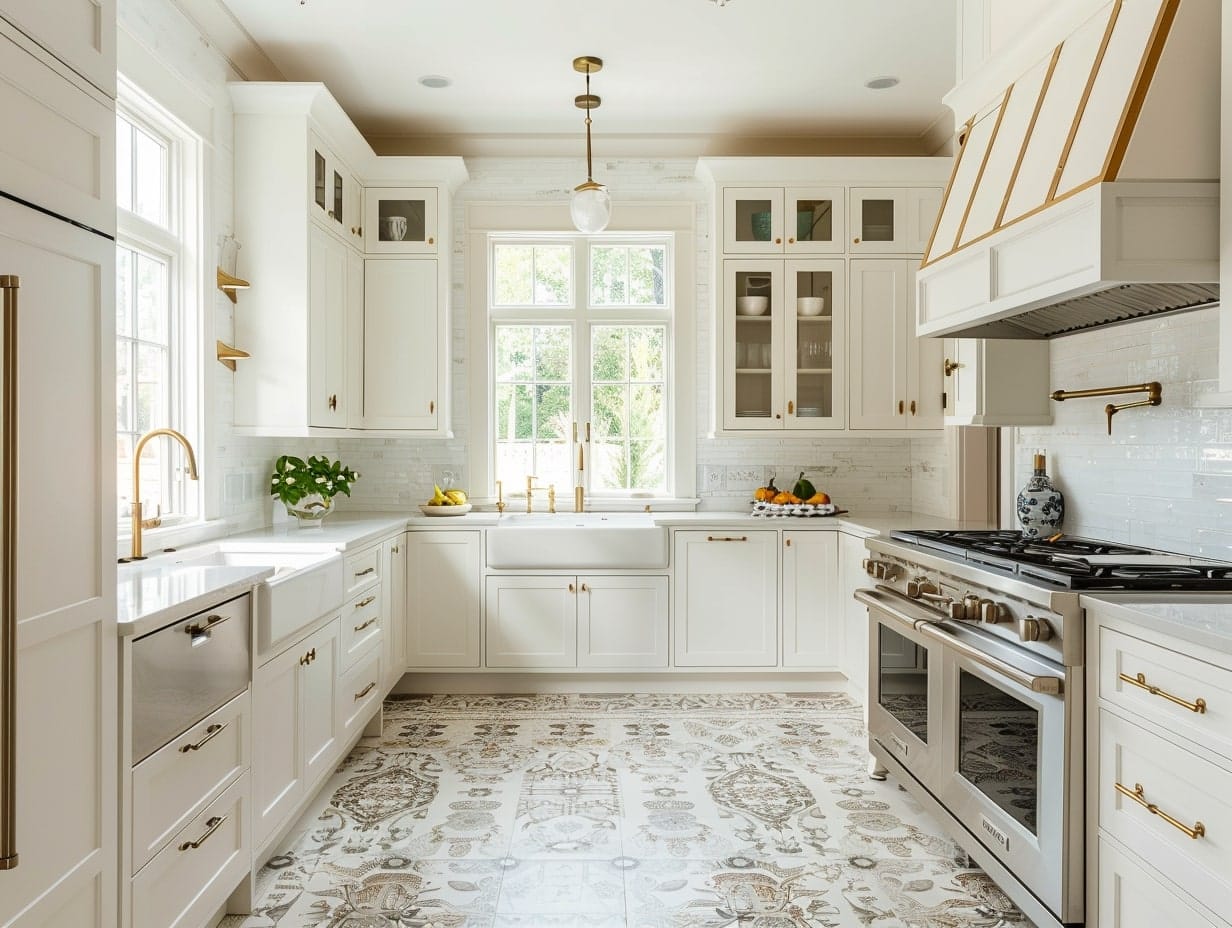 A modern kitchen with patterned floor tiles