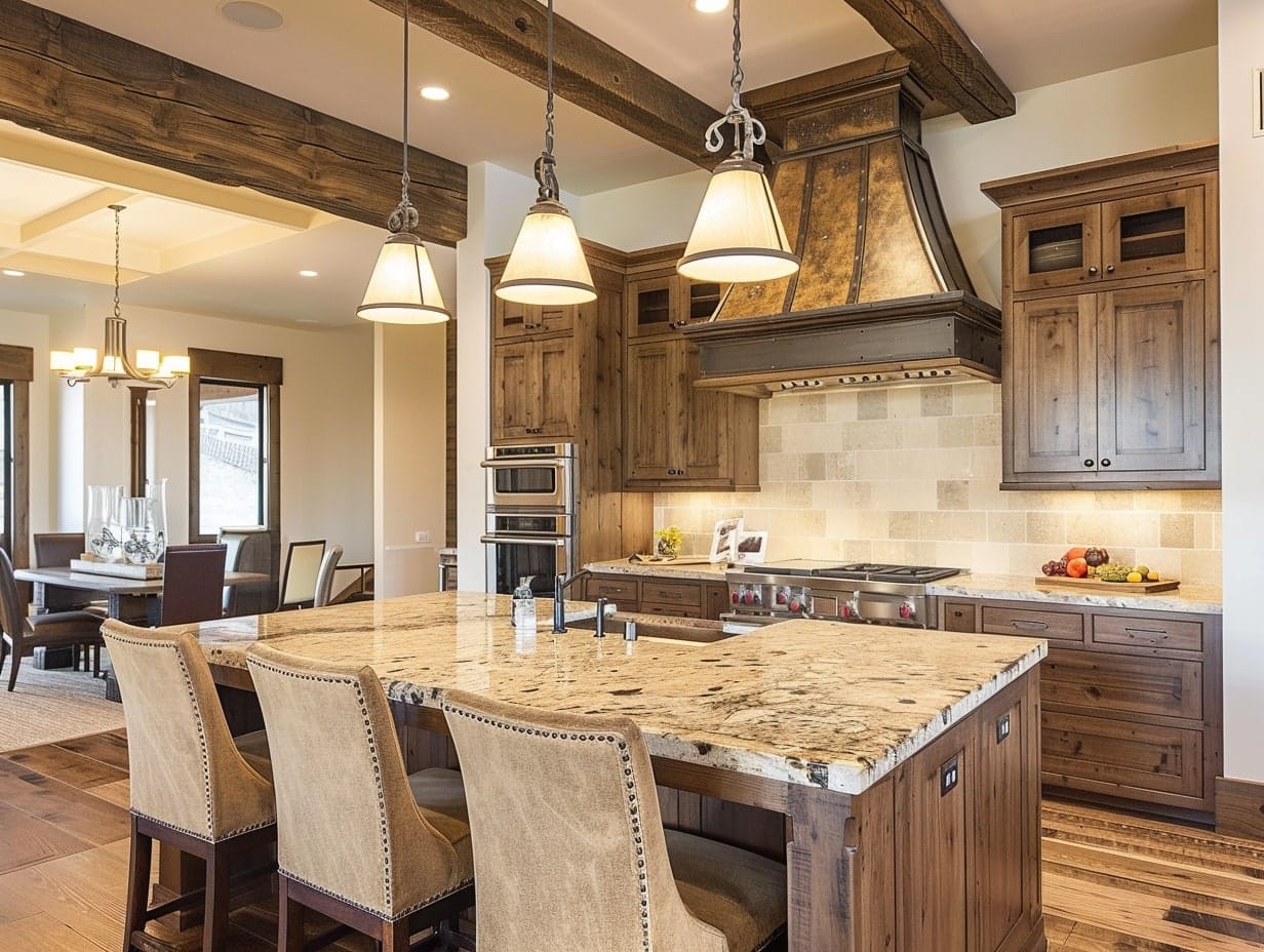 A modern kitchen with pendant lights above the cooking area