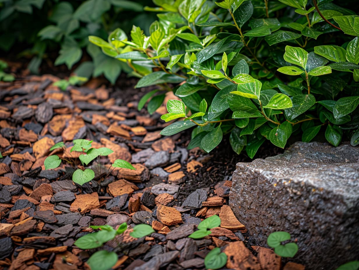 Pine bark nuggests mulch in a garden