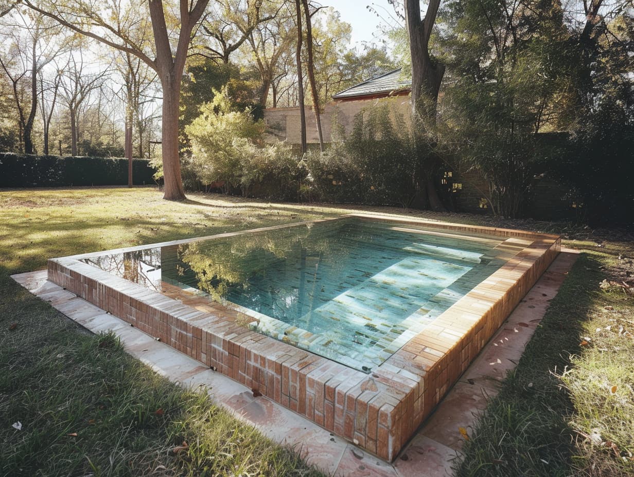 A backyard pool partially submerged in the ground