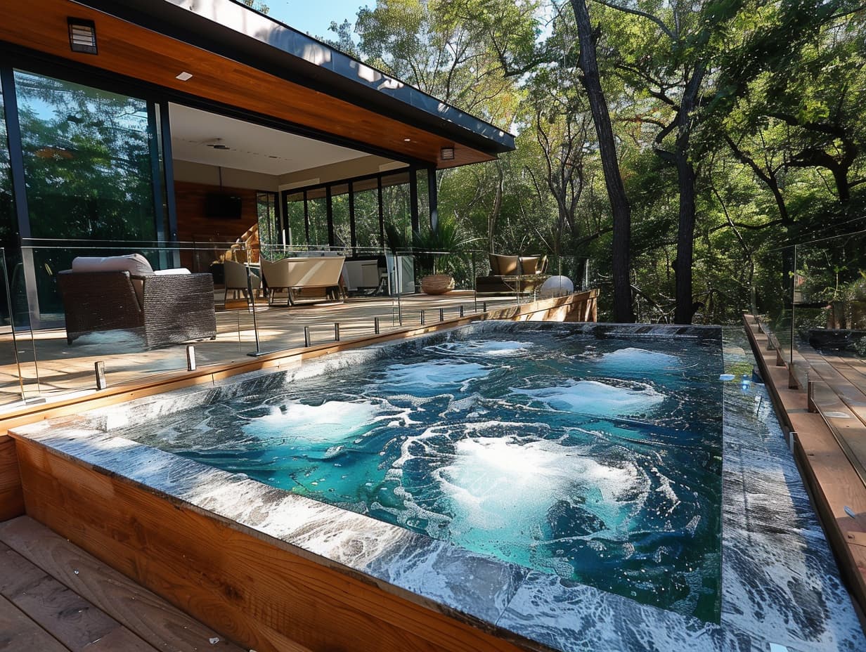 An outdoor poor surrounded by a wooden deck