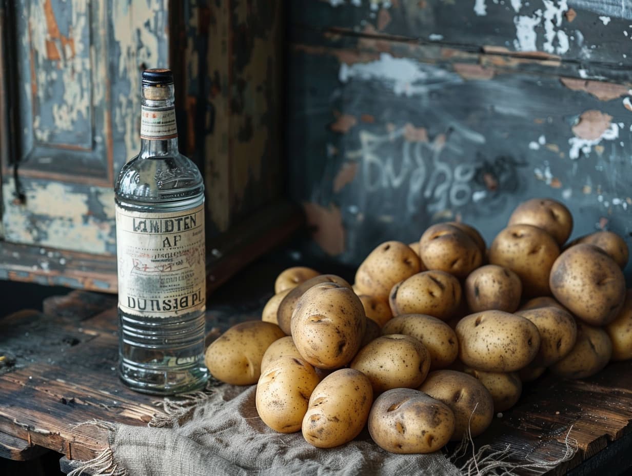Potatoes and a bottle of vodka on a wooden platform