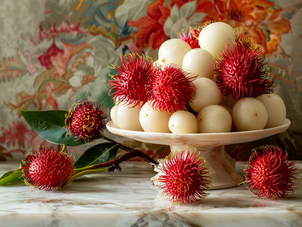 Multiple rambutan fruits in a ceramic fruit platter