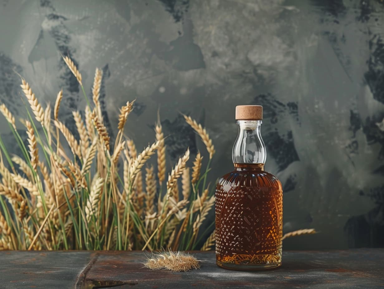 Rye plants in the background and a bottle of rye whiskey in the front