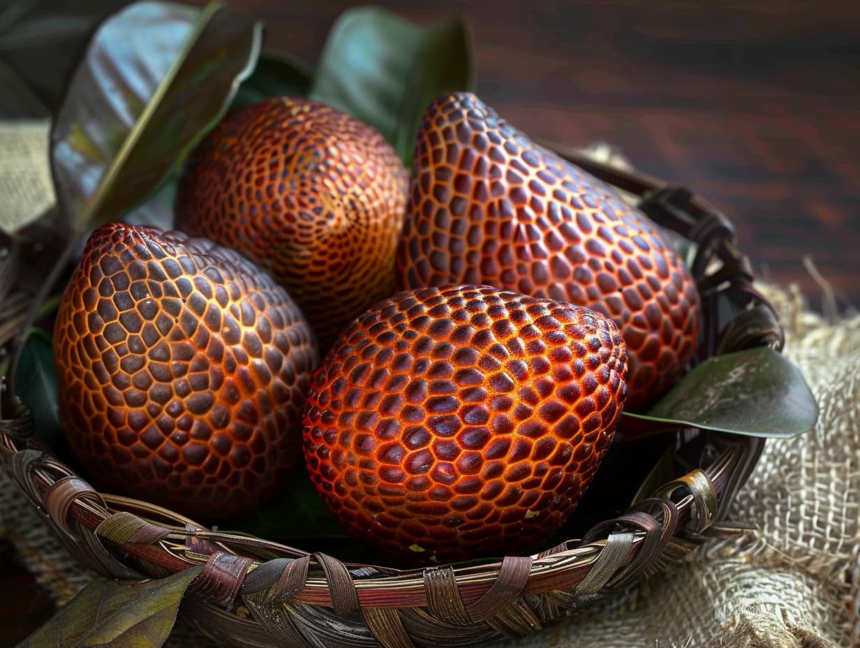 Four snake fruits in a basket