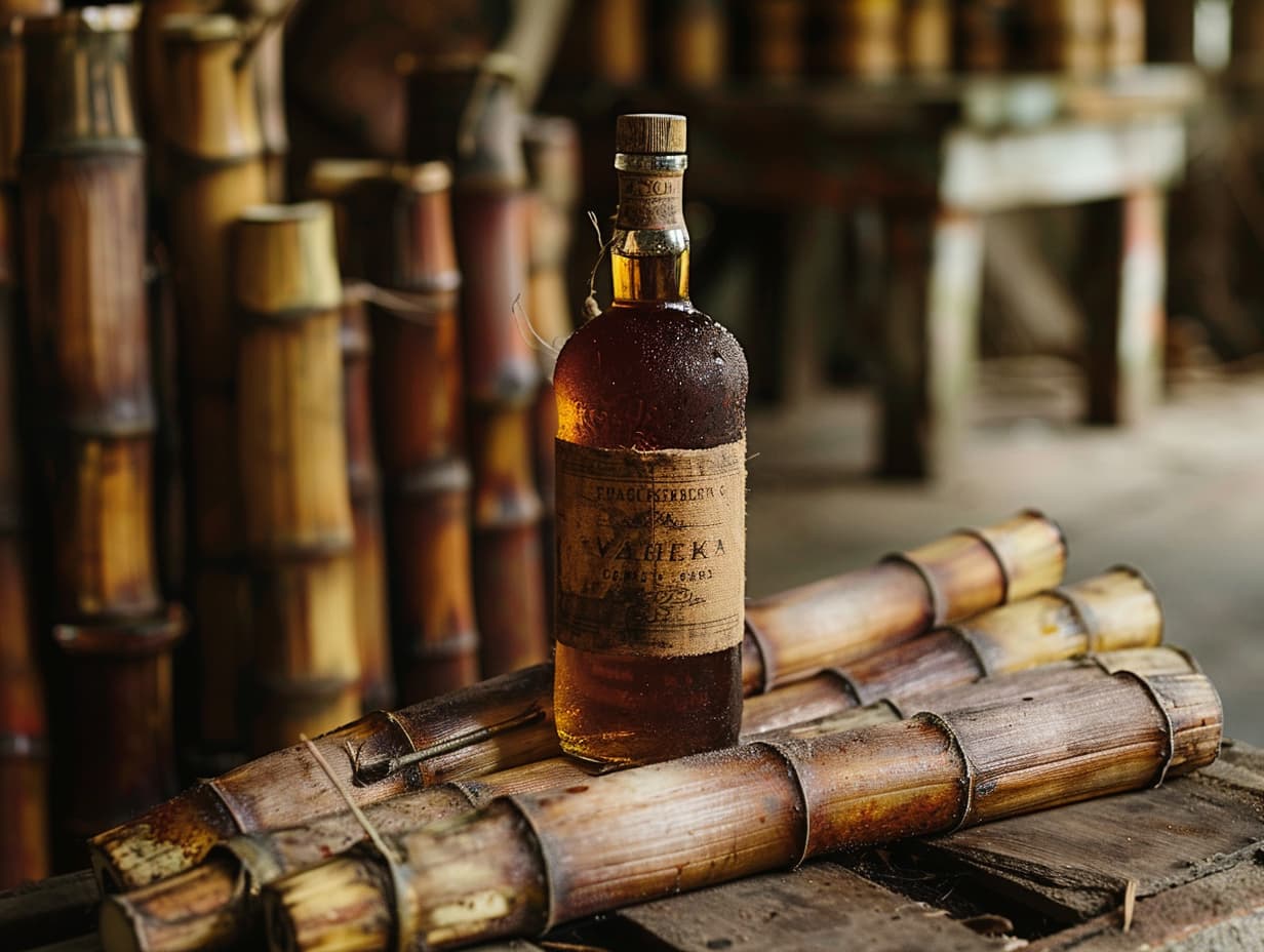 Sugarcanes and a bottle of rum on top of them