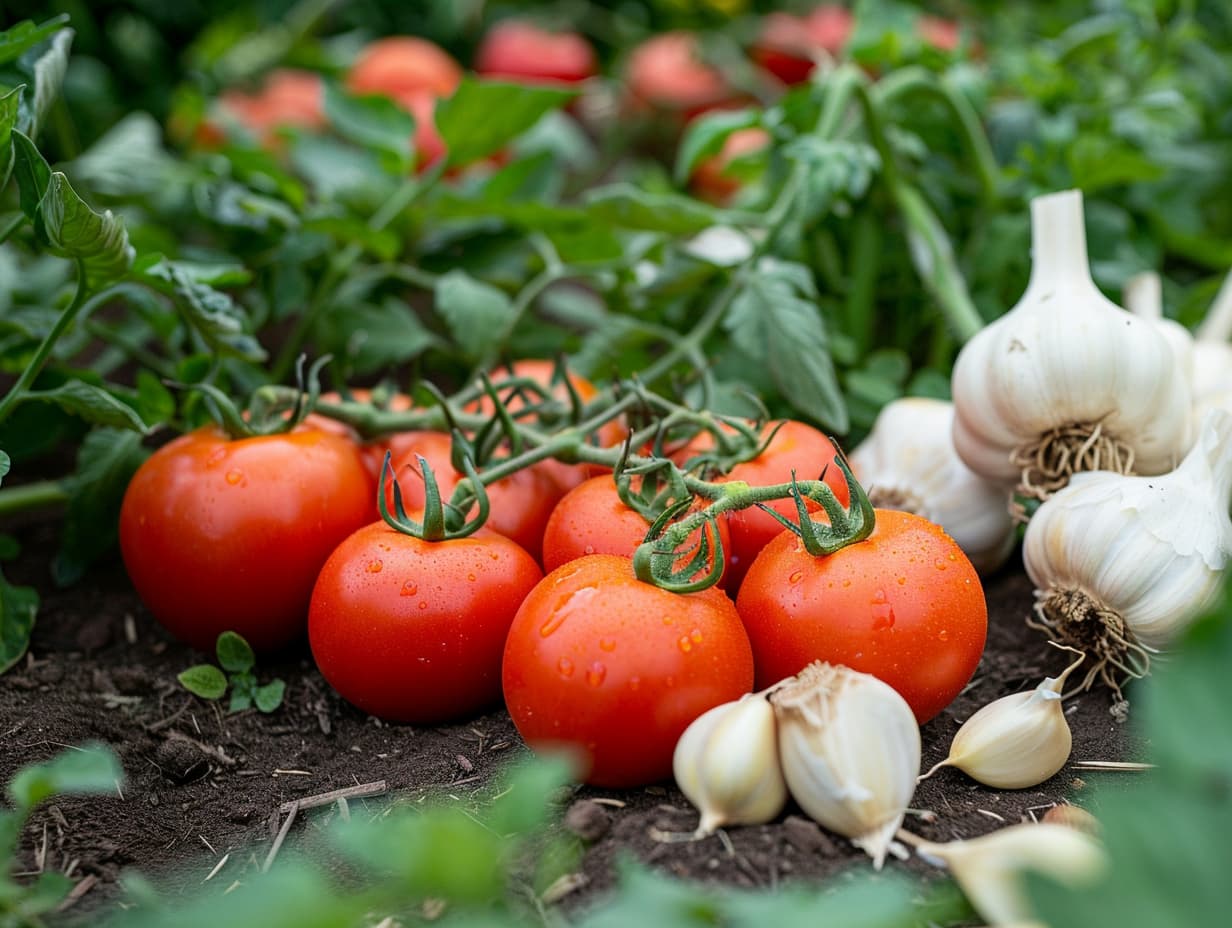 Tomatoes and garlic cloves in a garden