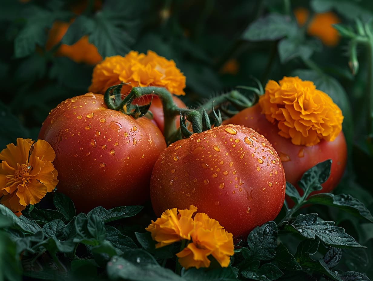 Tomatoes and marigolds in a garden