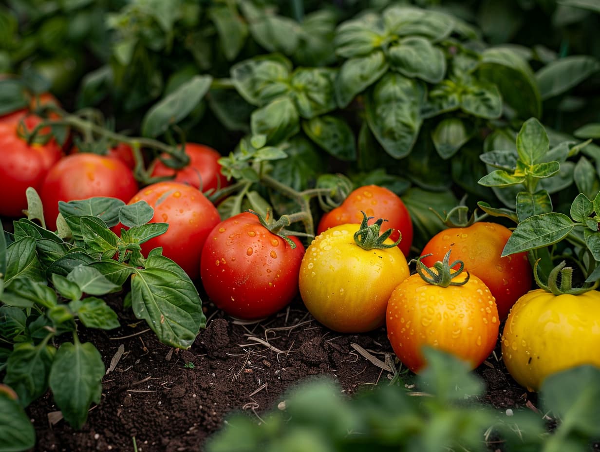 Tomatoes and basil plants in a garden
