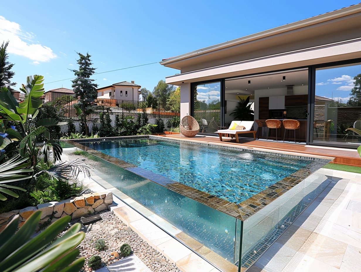 A backyard pool with transparent acrylic sides