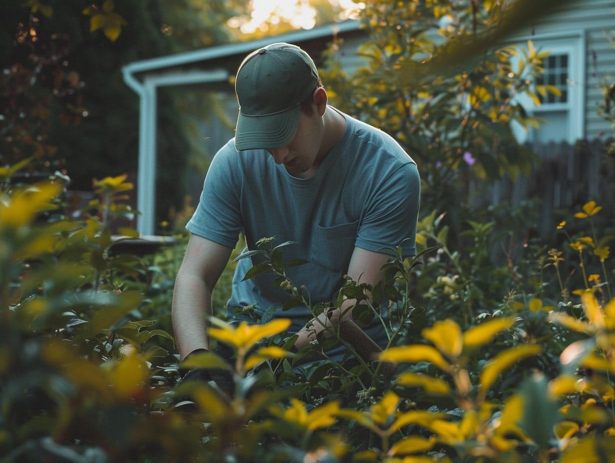 a person trimming and pruning plants in a garden