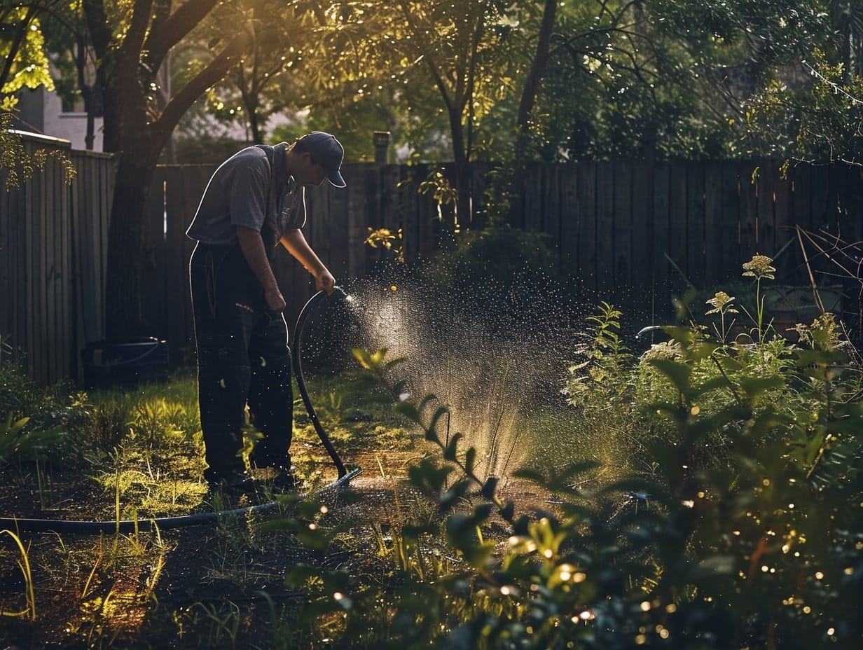 a person watering plants in a garden