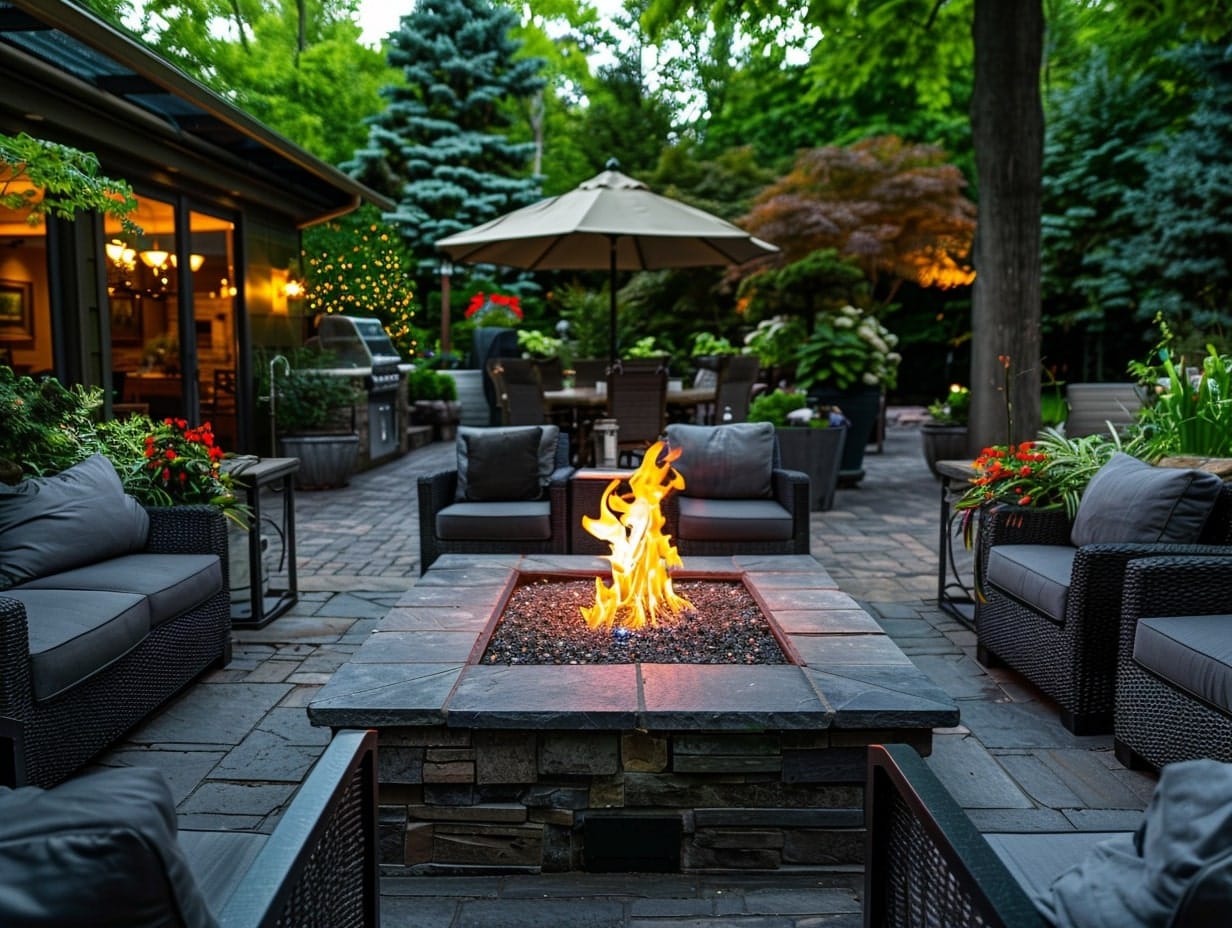 an open patio with a fire pit in the middle