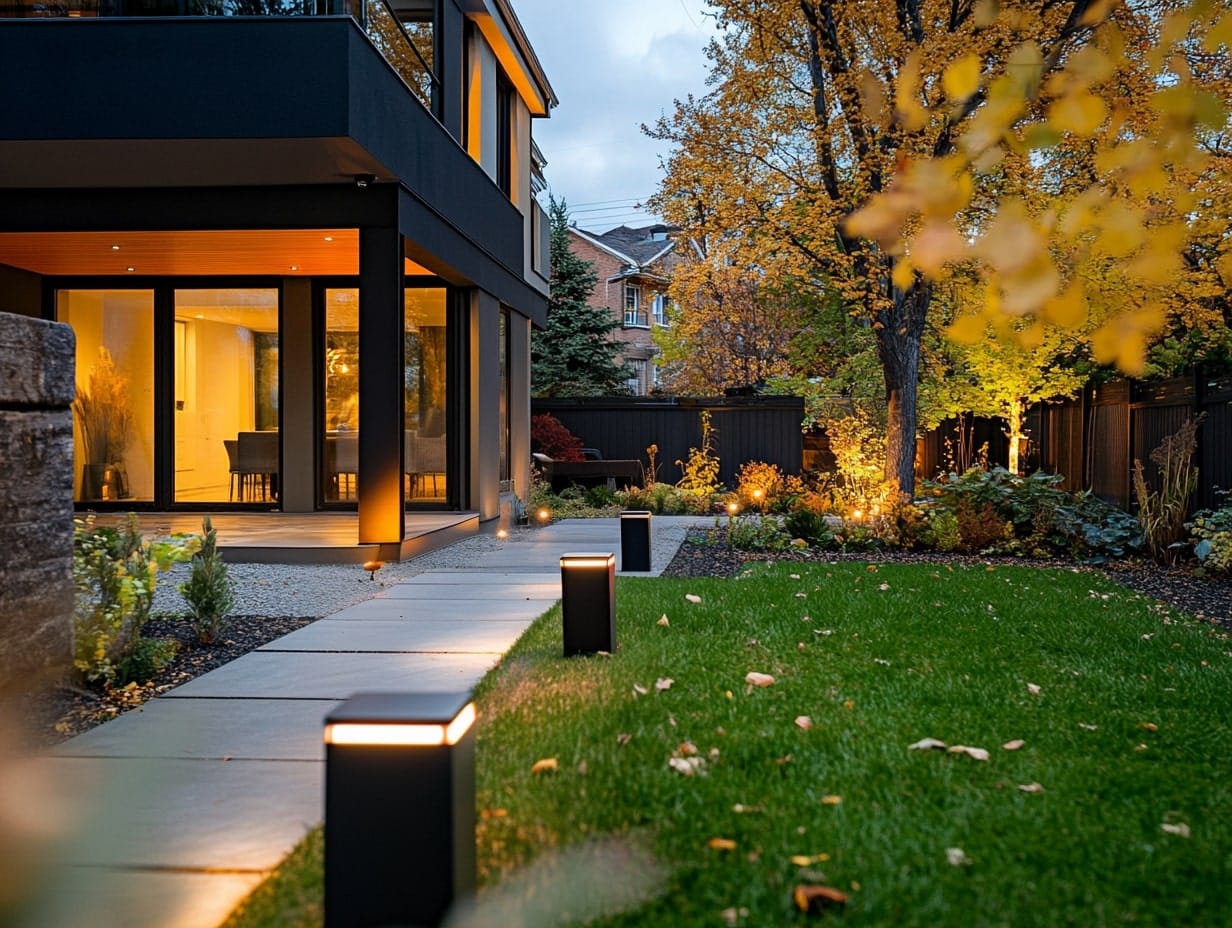 Solar Pathway Lights in a backyard in autumn