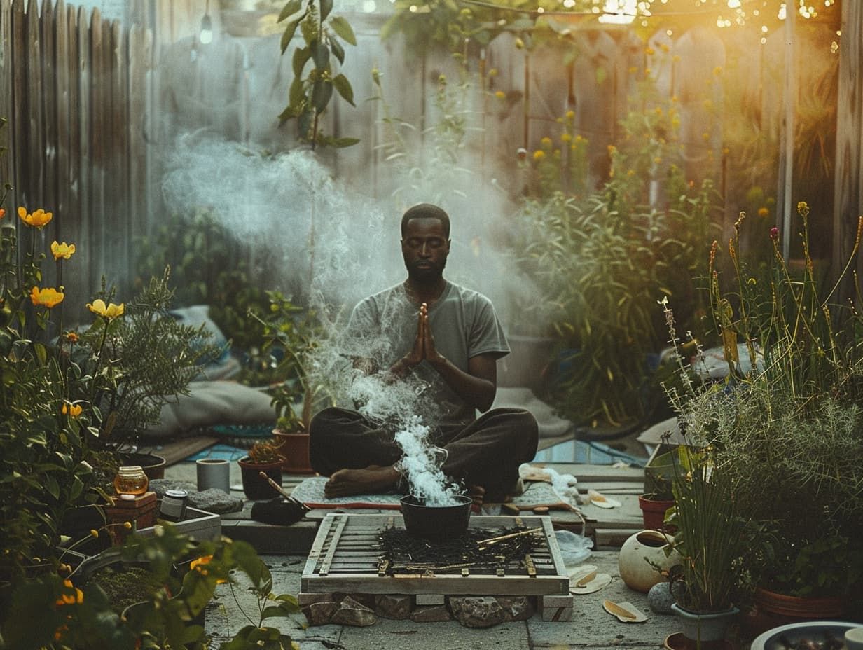 a person performing rituals in a garden