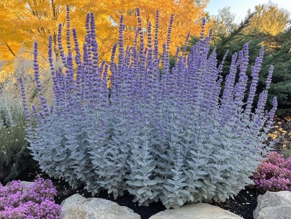 Russian sage with lavender-blue flowers in autumn