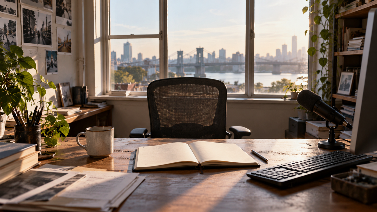 Bureau de rédaction avec carnet ouvert, clavier, micro et chaise vide devant une fenêtre.