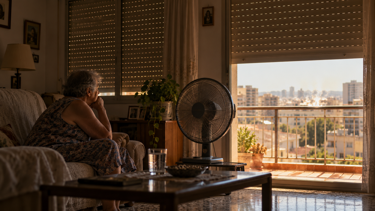 Personne âgée seule dans un appartement très ensoleillé, volets presque fermés et ventilateur.