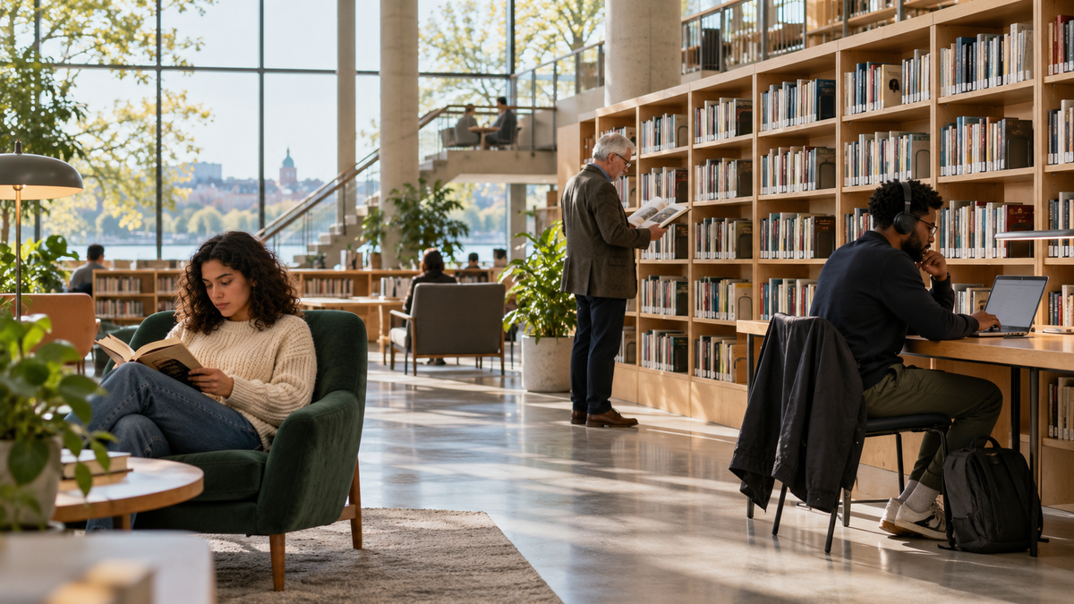 Personnes d’âges différents lisant ou travaillant seules dans une bibliothèque contemporaine.