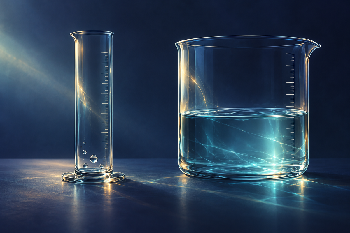 Deux récipients gradués : quelques gouttes d’eau dans un cylindre étroit, davantage d’eau dans un bécher, avec de fins reflets lumineux.