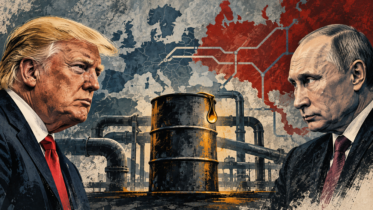 Illustration originale générée par IA : portraits dessinés de Donald Trump et Vladimir Poutine encadrant un baril de diesel et des pipelines.