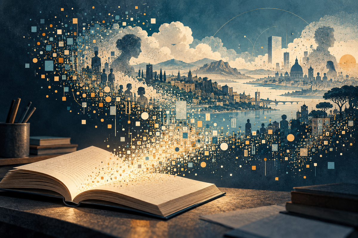 Illustration générée par IA : un livre ouvert dont les pages se transforment en fragments de données et en paysage urbain.