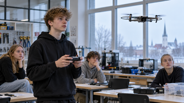 Un adolescent pilote un petit drone dans un atelier technologique scolaire, entouré de camarades.