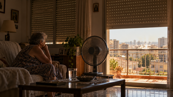 Personne âgée seule dans un appartement très ensoleillé, volets presque fermés et ventilateur.