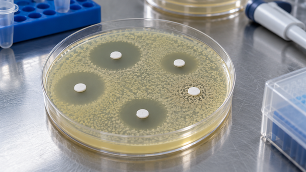 Boîte de Pétri avec culture bactérienne et disques d’antibiotiques, entourés de zones d’inhibition inégales.