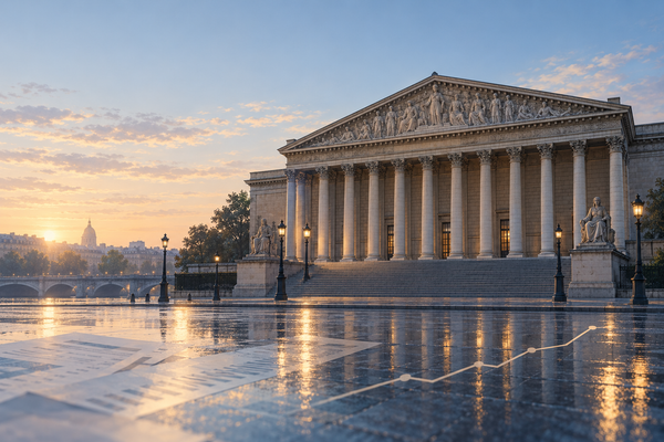 Illustration générée par IA : façade de l’Assemblée nationale à l’aube, évoquant le débat budgétaire français.