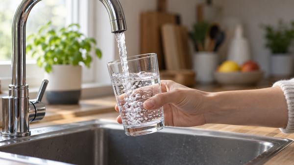 Un verre d’eau claire se remplit au robinet d’une cuisine.