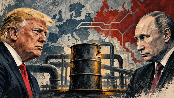 Illustration originale générée par IA : portraits dessinés de Donald Trump et Vladimir Poutine encadrant un baril de diesel et des pipelines.