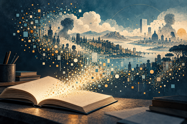 Illustration générée par IA : un livre ouvert dont les pages se transforment en fragments de données et en paysage urbain.