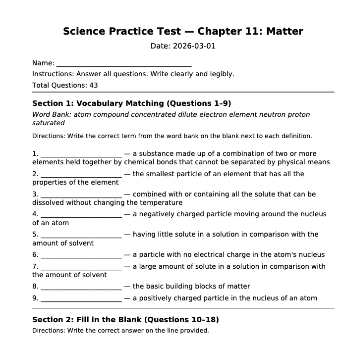 Example practice test PDF with vocabulary matching and fill-in-the-blank sections