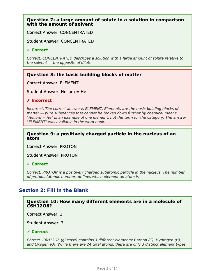 Example scoring report showing correct and incorrect answers with explanations